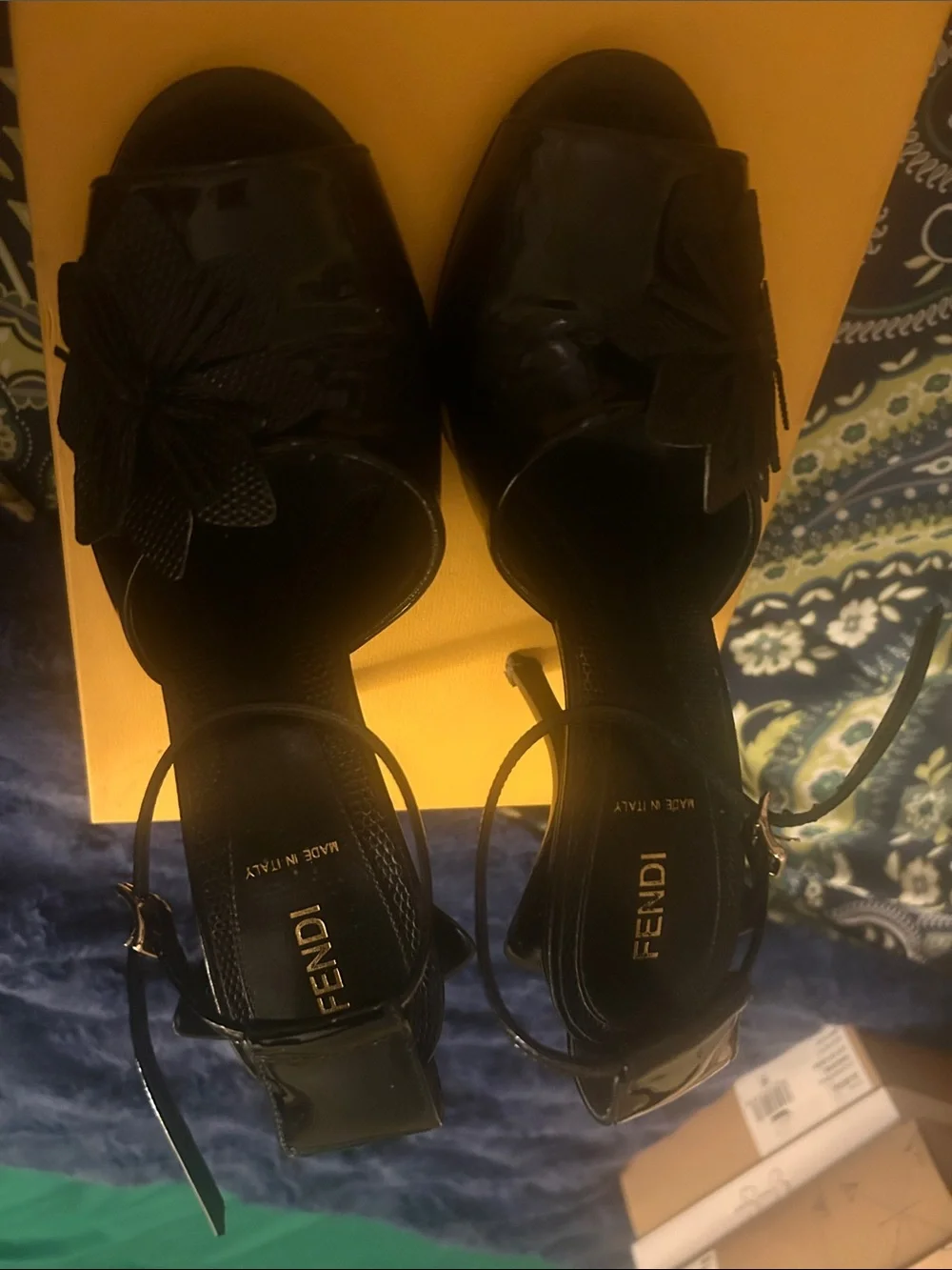 Fendi Black Patent Leather Floral Ankle-Strap Heels